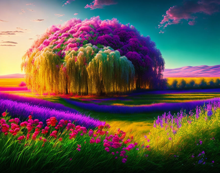 Colorful Flowering Fields and Vibrant Sunset Sky with Lush Tree