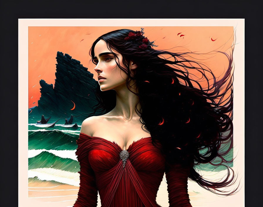 Illustration of woman with long dark hair in red dress by seaside cliffs with sailing ships