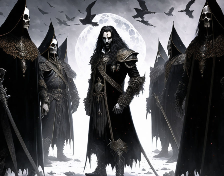 Fantasy artwork: Central figure in black armor with hooded skeletal figures under full moon.