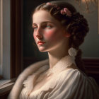 Portrait of woman with elegant hairstyle and ornate hair accessory in cream blouse.