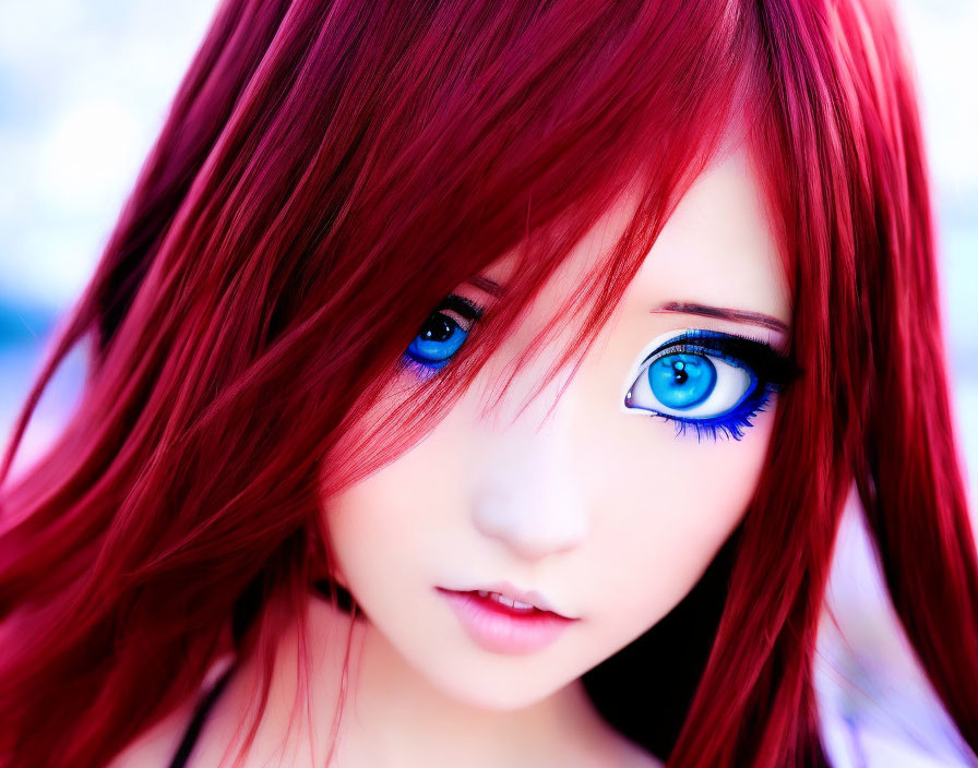 Detailed portrait of female with red hair and blue eyes against blurred background