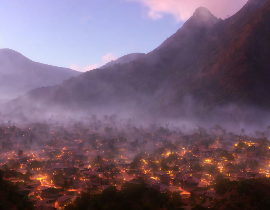 Morning mist shrouds village lights against mountain backdrop at dawn