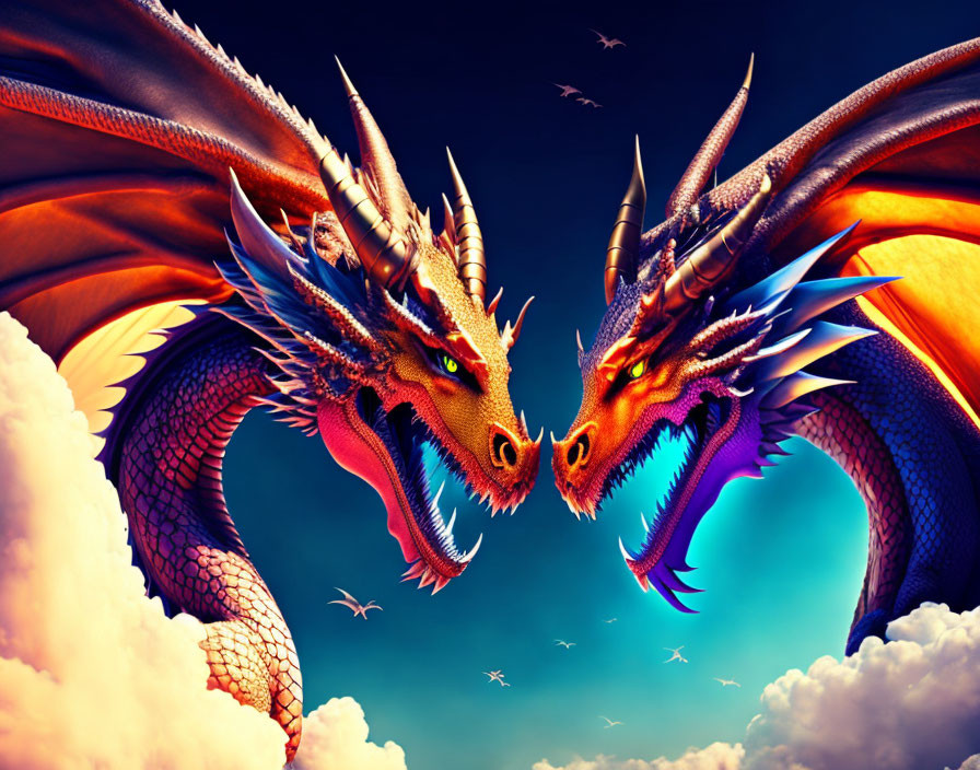 Vibrant dragons facing each other under dramatic sky