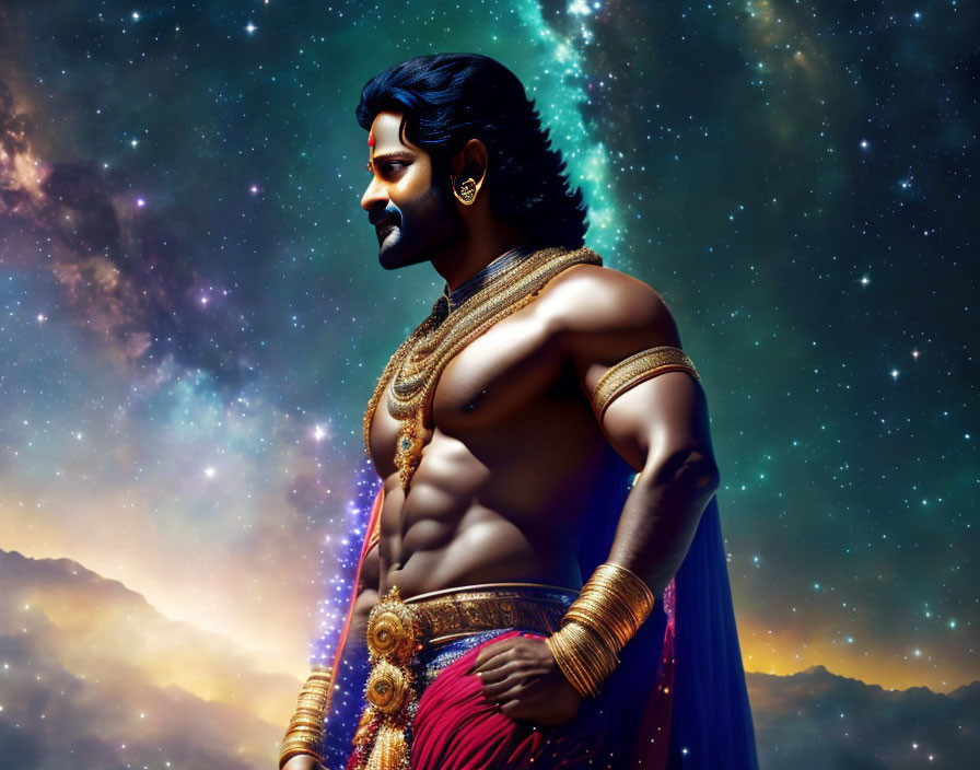 Muscular Man in Traditional Indian Attire Against Starry Background