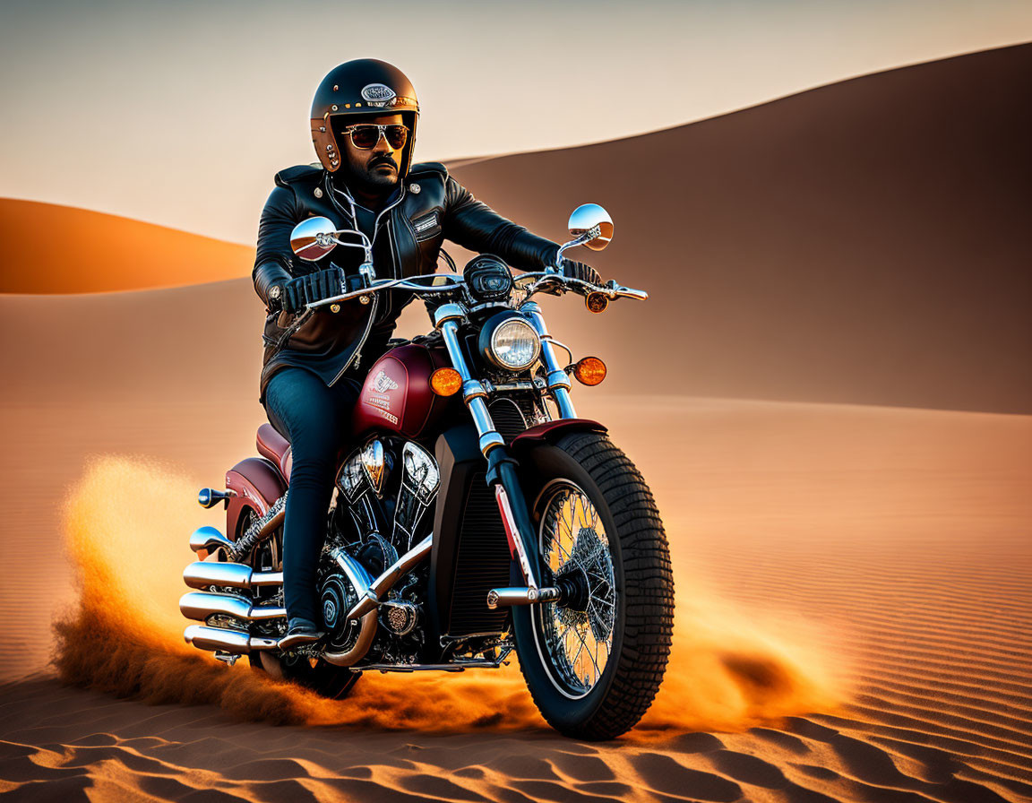 Motorcyclist in helmet and sunglasses rides across sandy dunes