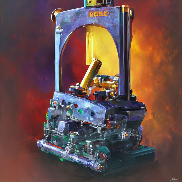 Vibrant painting of futuristic machine with "ROBO" inscription