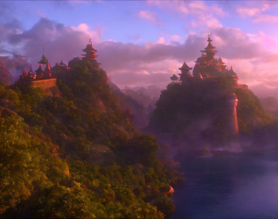 Misty forest cliffs with Asian pagodas at sunrise