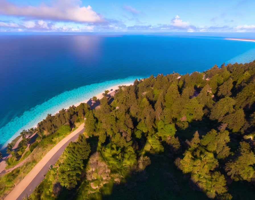 Scenic coastal road winding through lush forest and turquoise beach