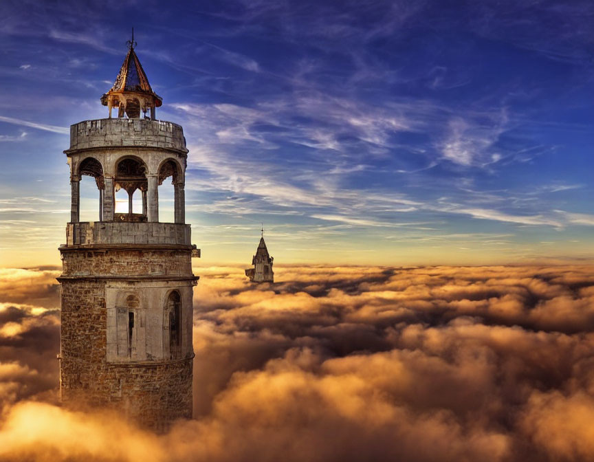 Bell towers above golden clouds in a sunset sky