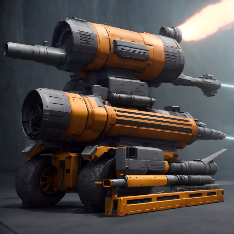 Futuristic orange and gray artillery piece firing projectile with exhaust flames