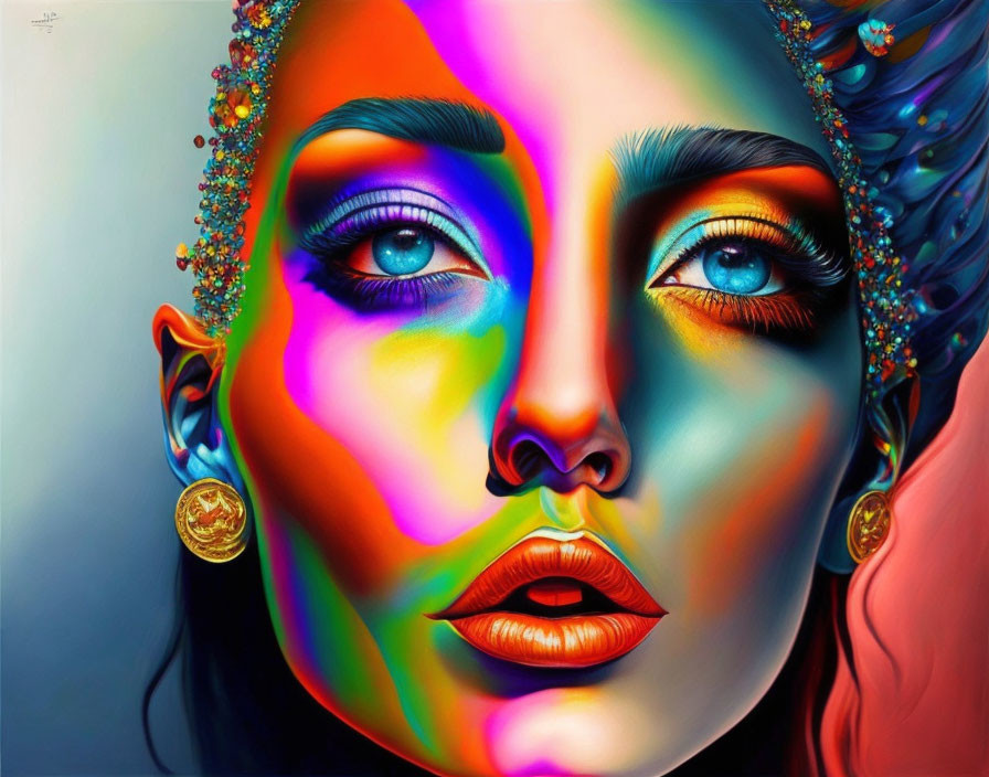 Vibrant multicolored portrait of a woman with blue eyes and full lips