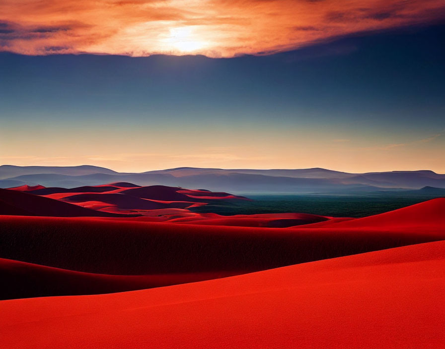 Vibrant sunset desert landscape with red sand dunes