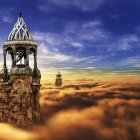 Bell towers above golden clouds in a sunset sky