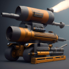 Futuristic orange and gray artillery piece firing projectile with exhaust flames