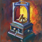 Vibrant painting of futuristic machine with "ROBO" inscription