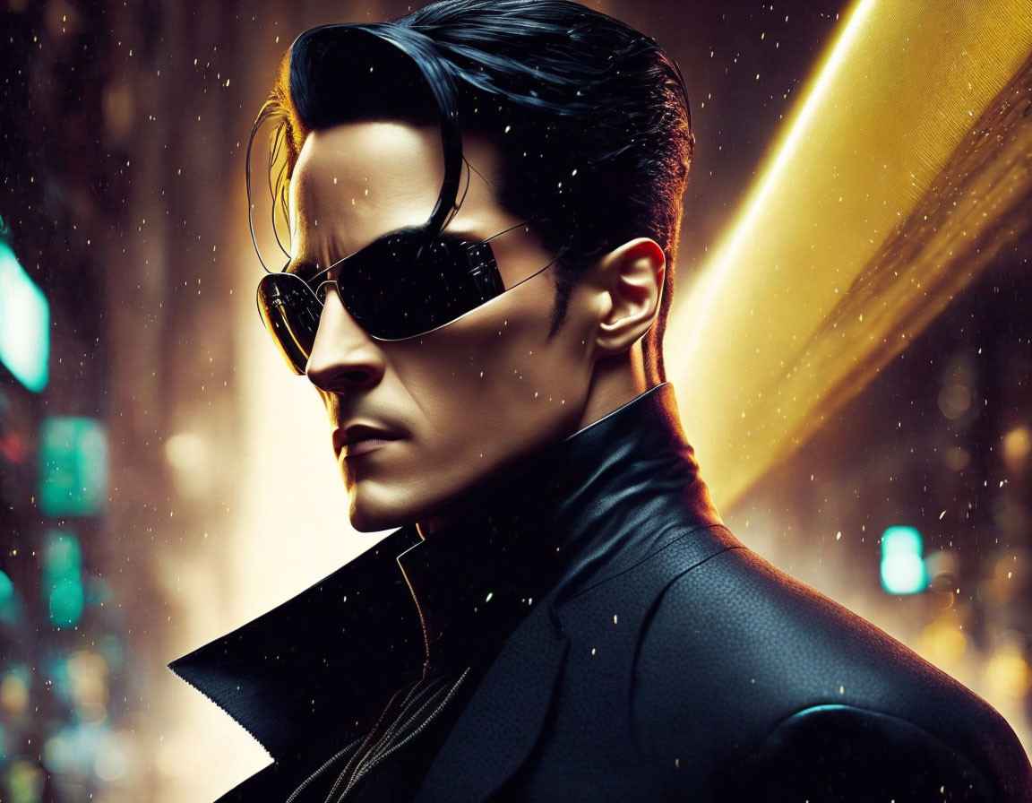 Stylized portrait of man in sunglasses and leather jacket against neon city backdrop