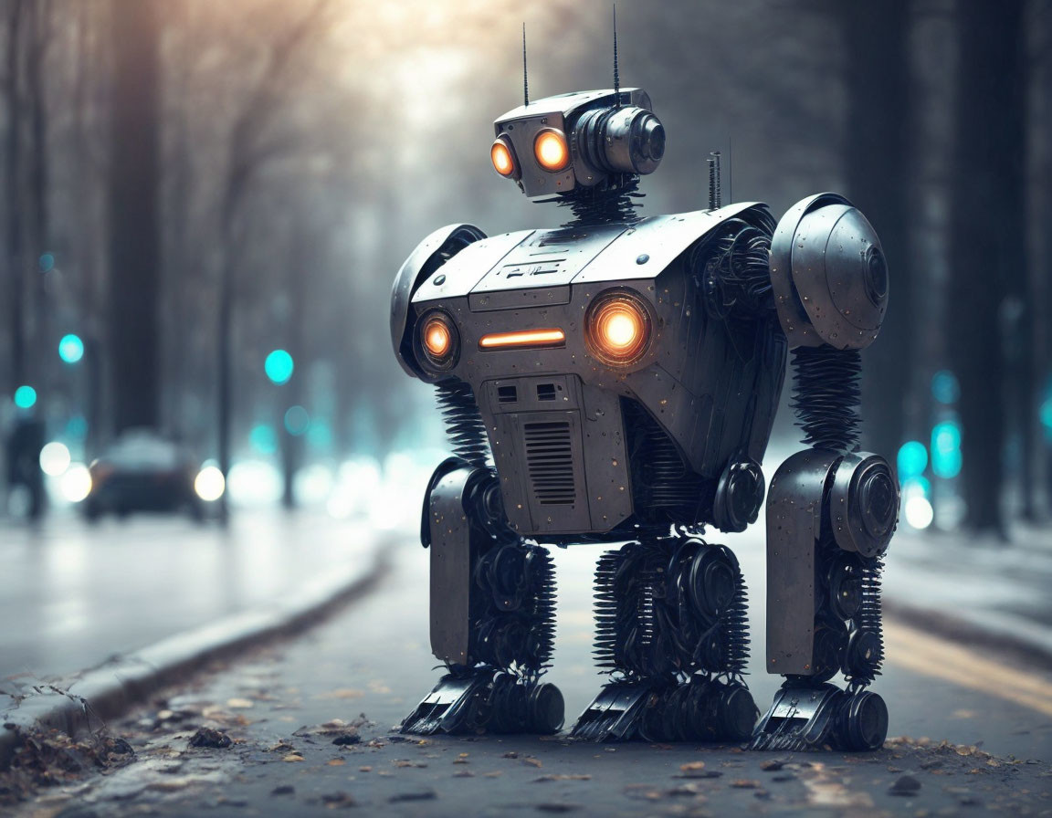 Futuristic humanoid robot on misty urban street at dawn/dusk