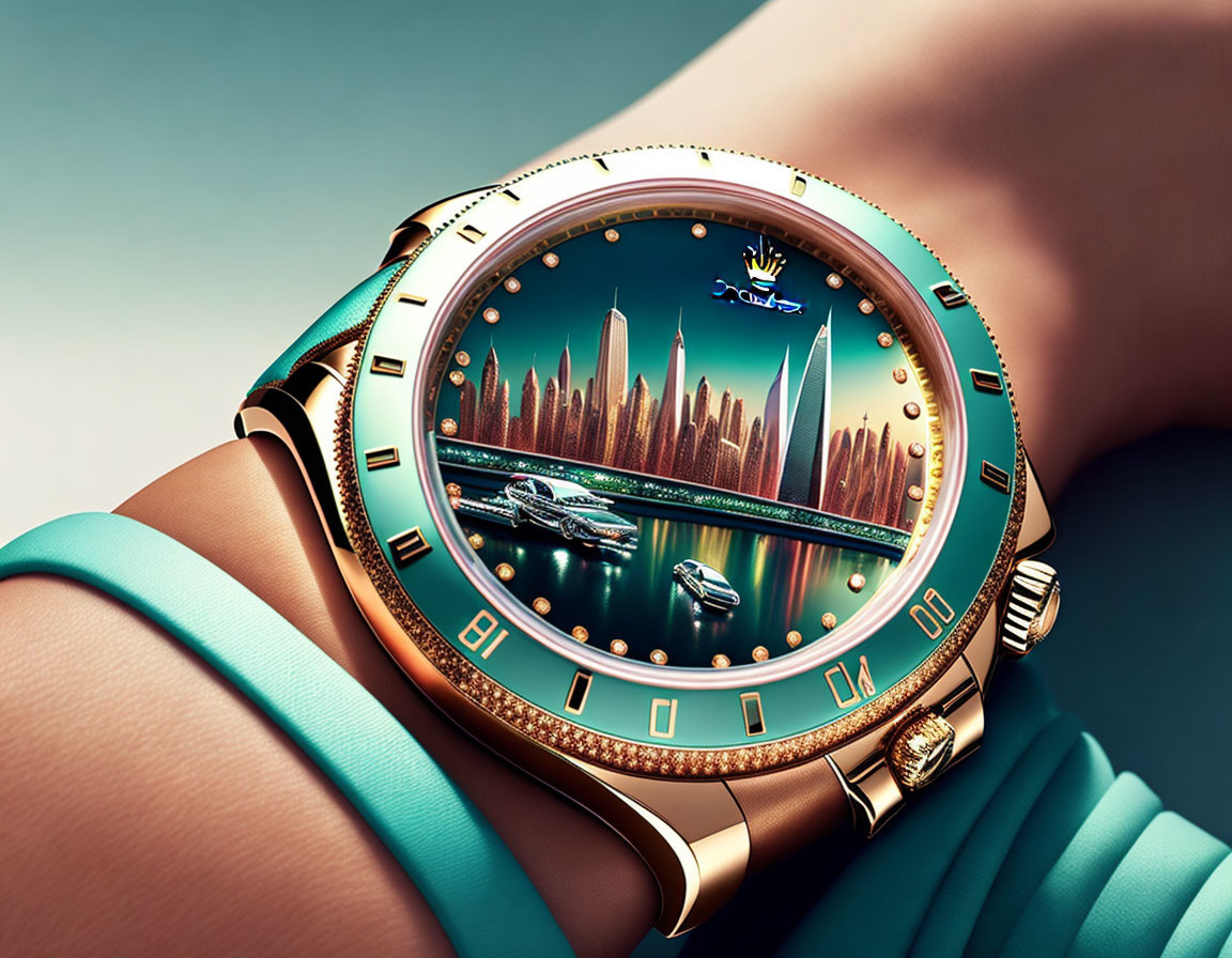 Cityscape and Yacht Design Luxury Wristwatch with Gold-Tone Bezel and Teal Strap