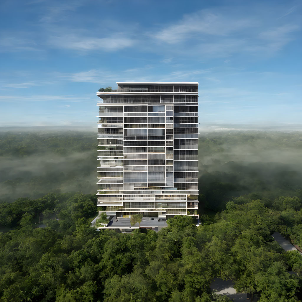 High-rise building in green landscape with morning mist and clear sky