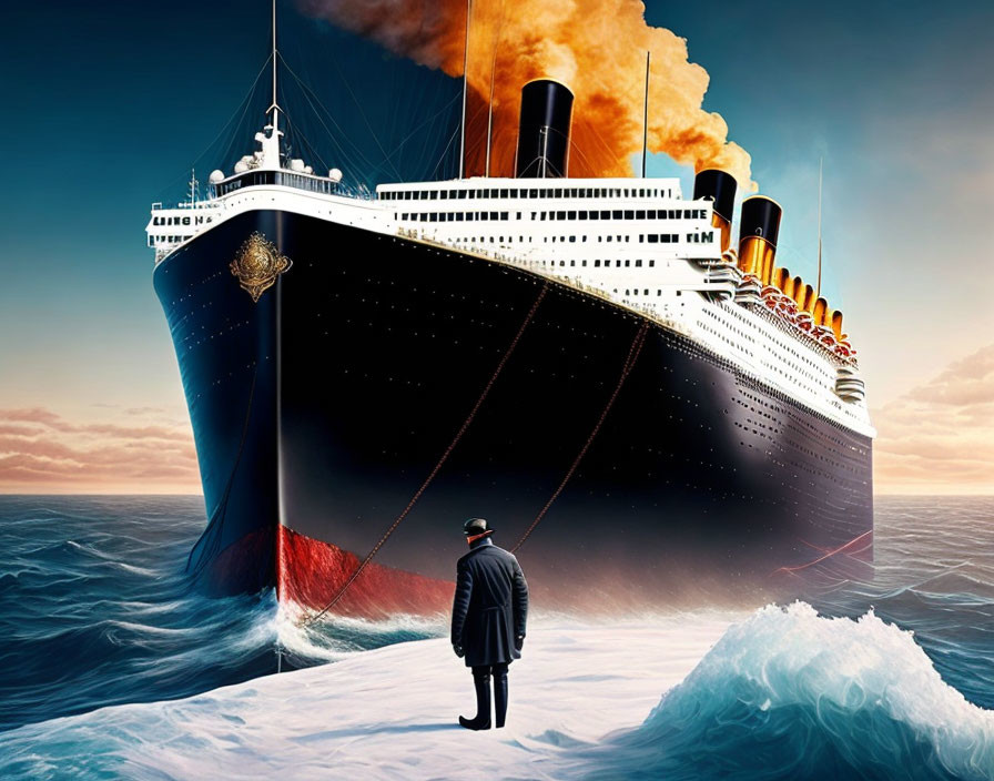 Person in vintage attire on iceberg gazes at ocean liner in dusk sky