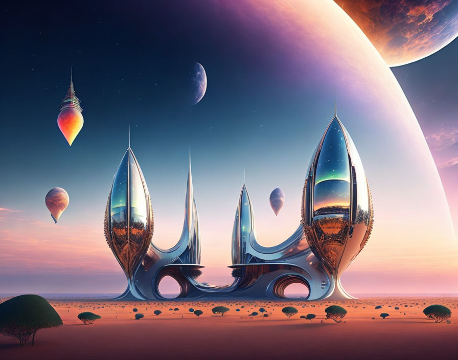 Alien city with towering structures in desert twilight