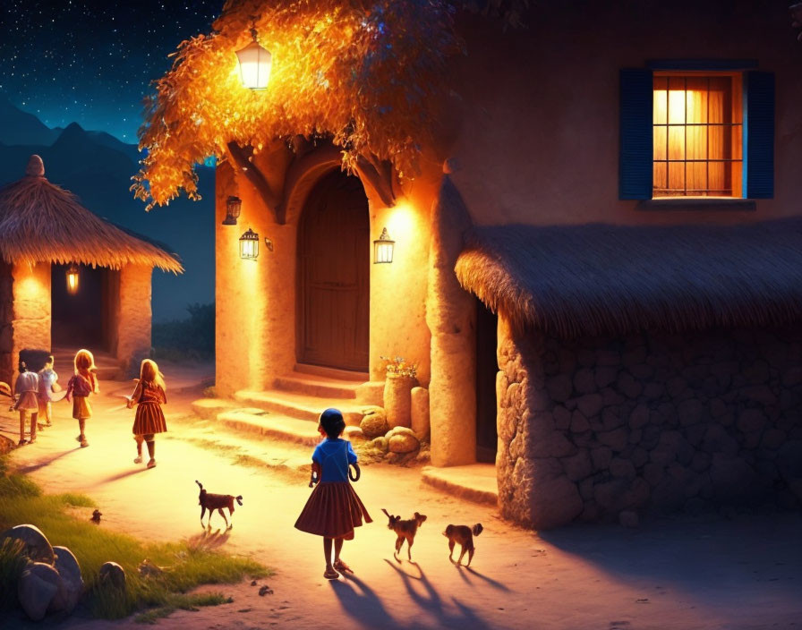 Children and dogs walking to cozy cottage under starry sky