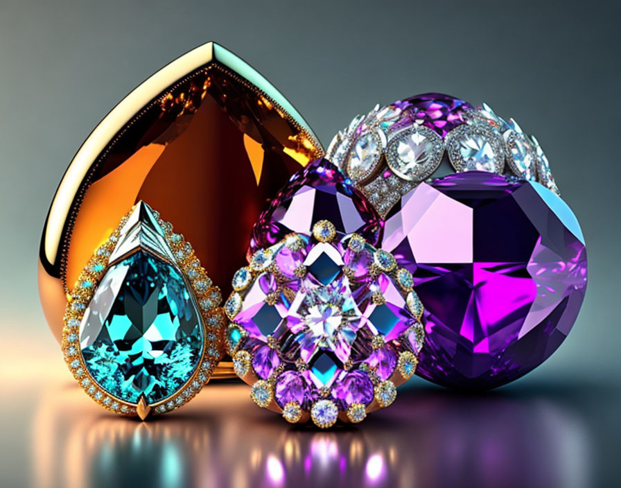 Luxurious Gemstone Rings with Colorful Stones & Diamonds on Reflective Surface