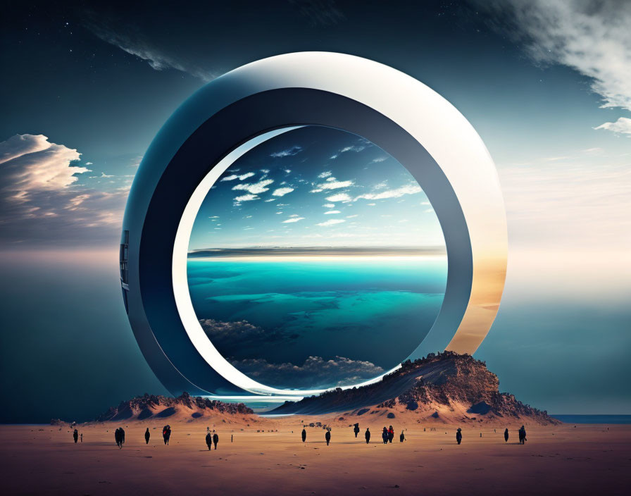 Gigantic ring structure frames seascape in surreal landscape