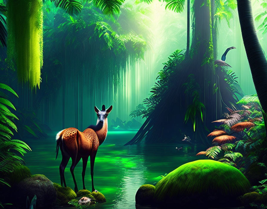 Mystical forest digital art with river, deer, and lush greenery