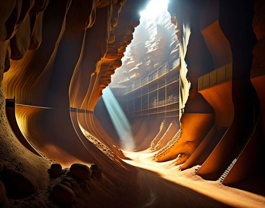 Natural light highlights slot canyon with orange rock walls