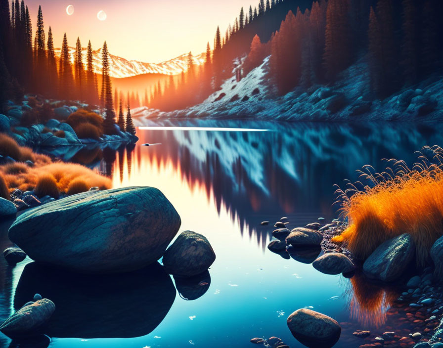 Tranquil mountain lake at twilight with orange grass, rocks, and blue sky reflection