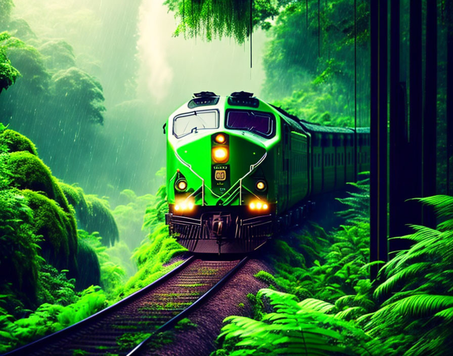 Green train on railroad tracks in misty forest with hanging moss