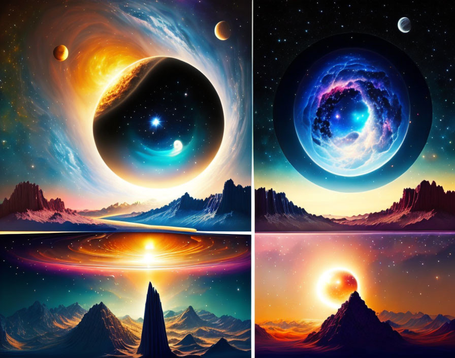 Four Vibrant Cosmic Mountain Scenes with Planetary Bodies, Black Hole, and Celestial Events