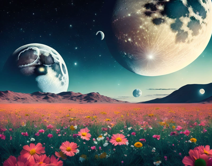 Vibrant flowers and large planets in surreal landscape