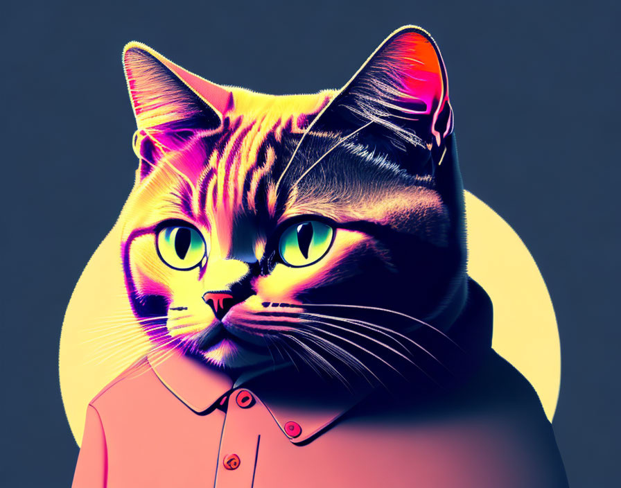 Colorful digital illustration: Cat in human-like attire with pink and yellow glow and green eyes