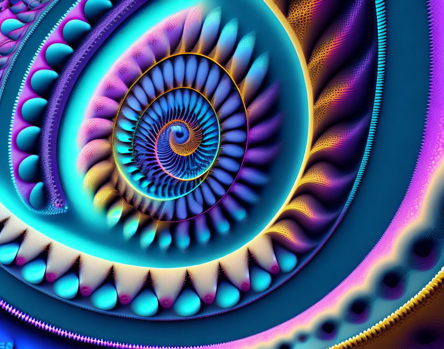 Vibrant fractal spiral with blue, purple, and orange hues