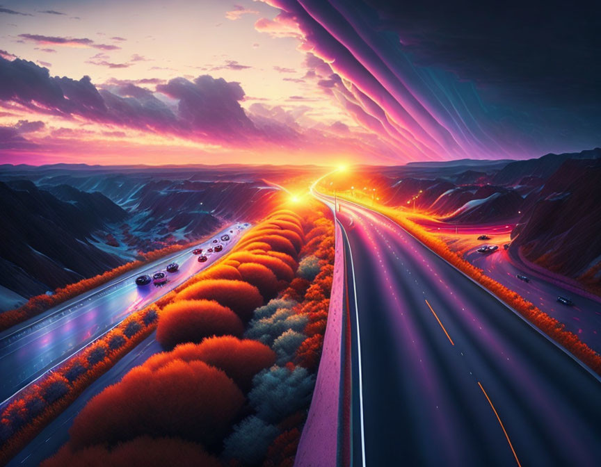 Colorful sunset over curving highway with car lights and mountains