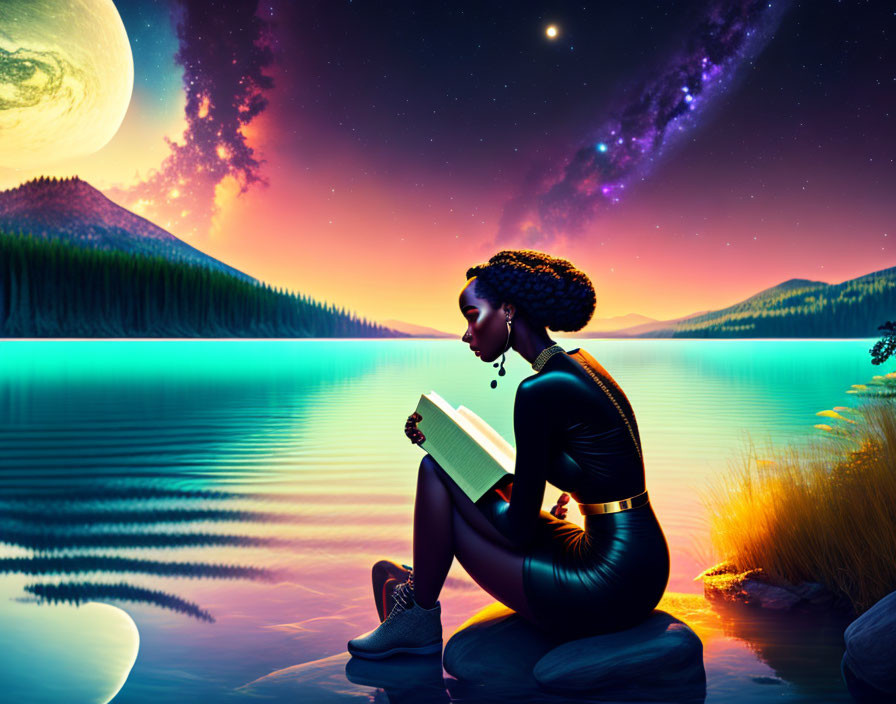 Woman reading by serene lake at sunset with moon and stars