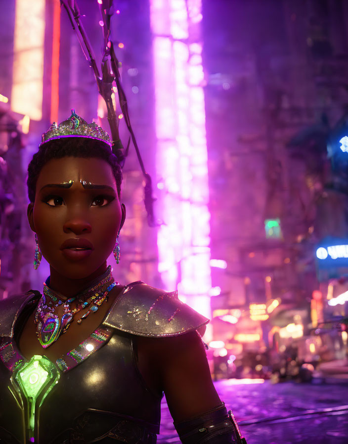 Female warrior in intricate armor against neon-lit cityscape