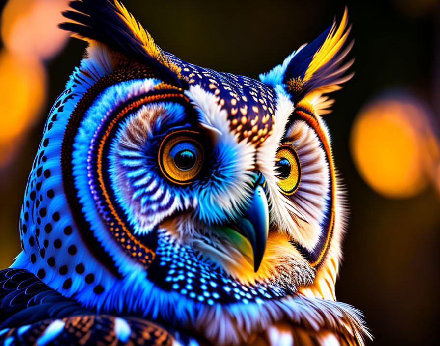 Colorful Stylized Owl with Orange Eyes on Bokeh Background