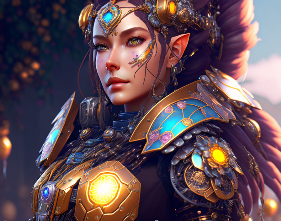 Fantasy female character with golden armor, tattoos, and headpiece