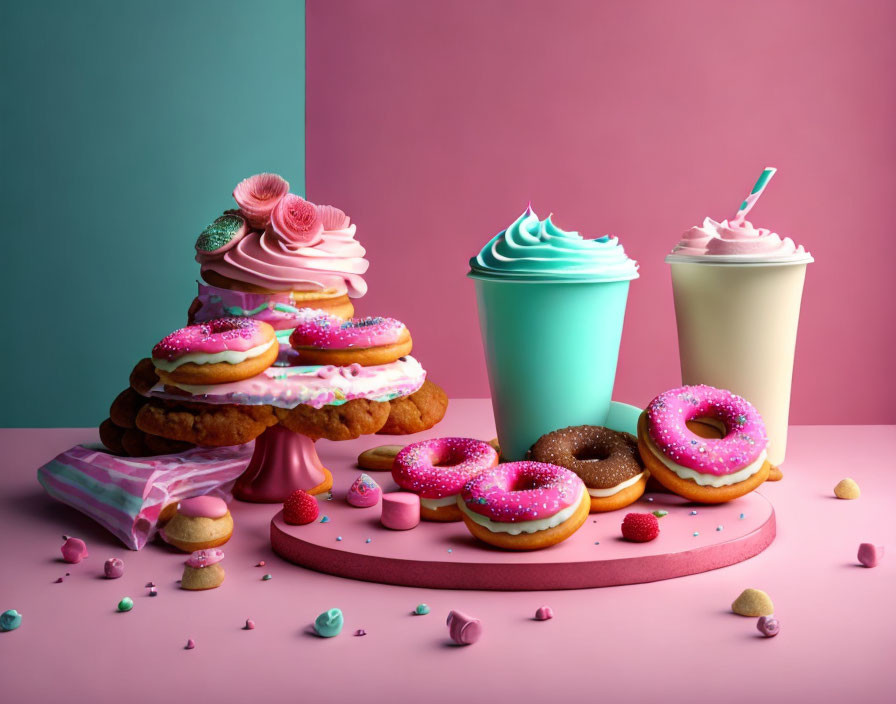 Vibrant dessert display with stacked doughnuts, sprinkles, milkshakes, and macar