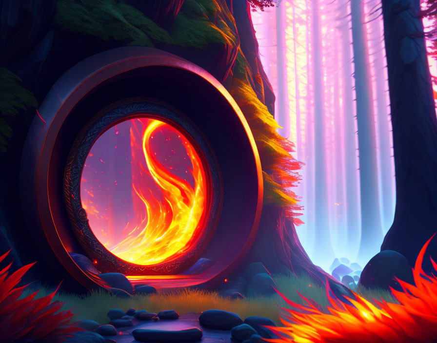 Fantastical forest scene with glowing portal and colorful flora