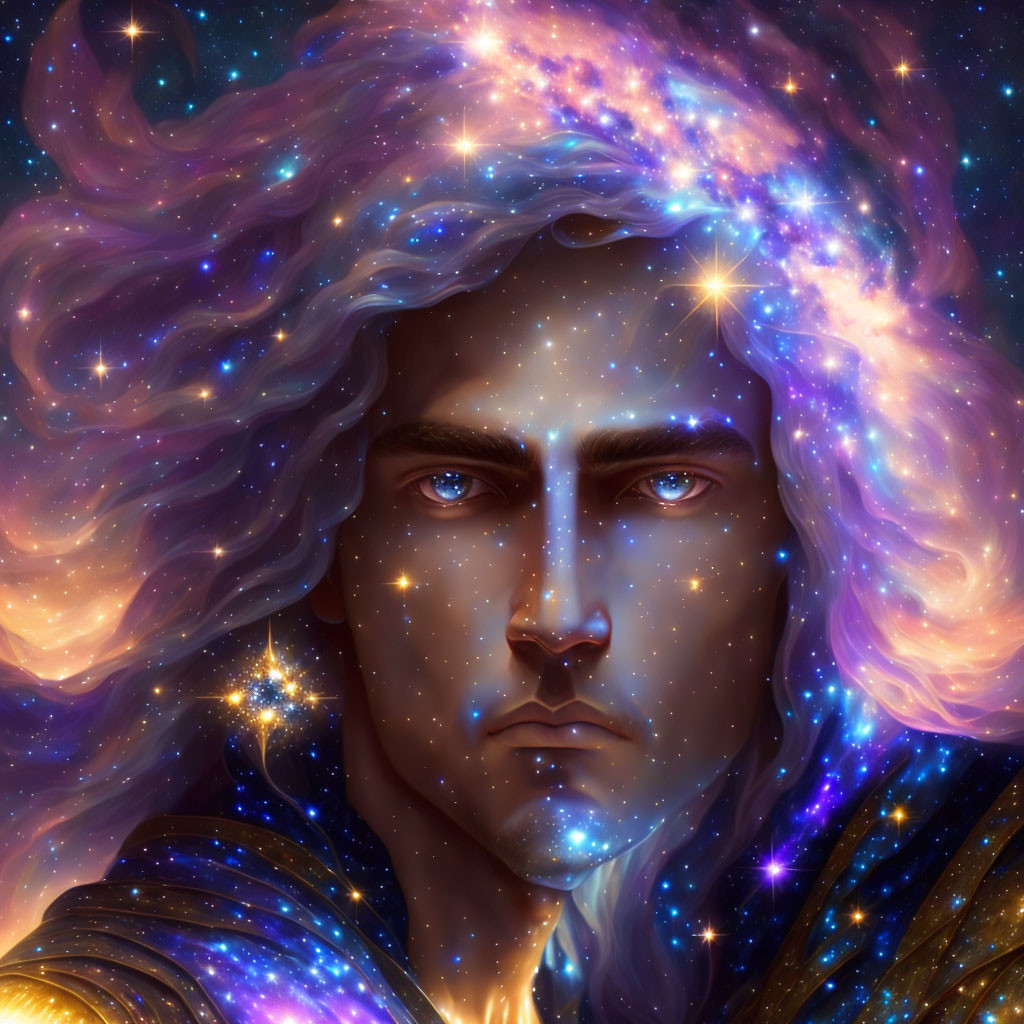 Digital artwork featuring person with cosmic features and stars, nebulae in hair.