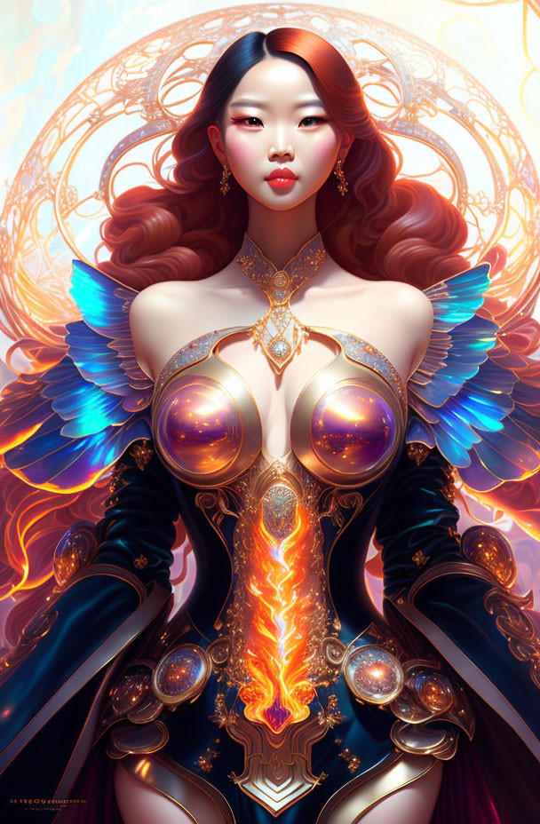 Fantasy illustration of woman with angelic wings and fiery energy in ornate armor