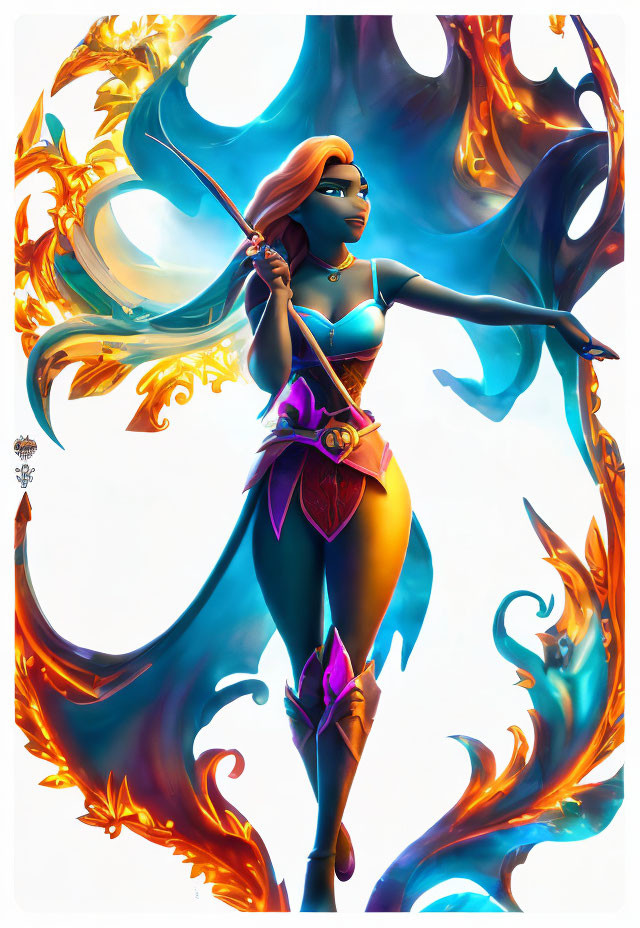 Illustrated female character with orange and blue tones wielding a fiery bow.