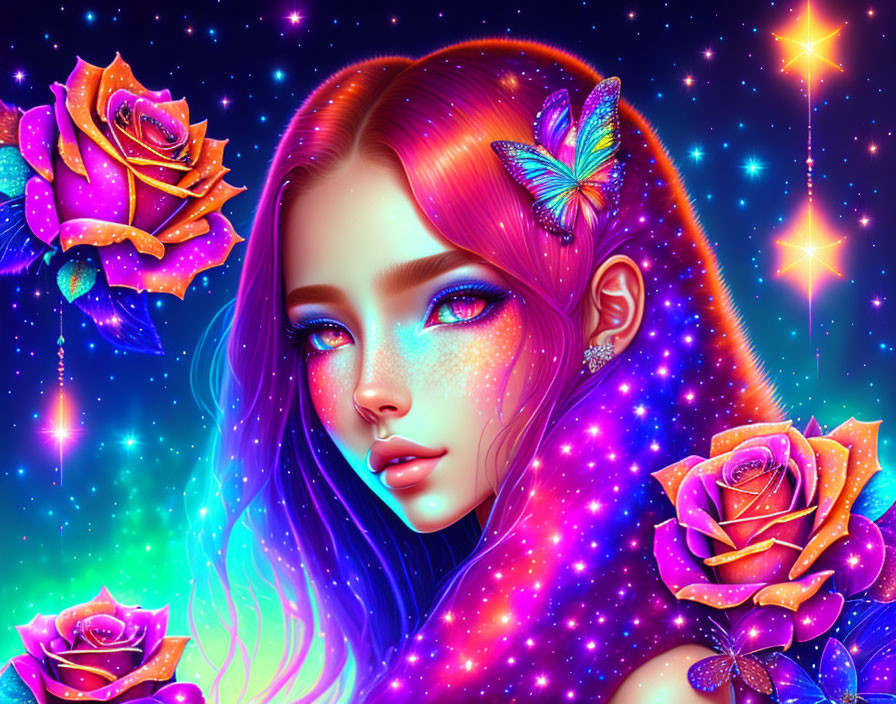 Vibrant pink hair woman with blue skin and neon roses.