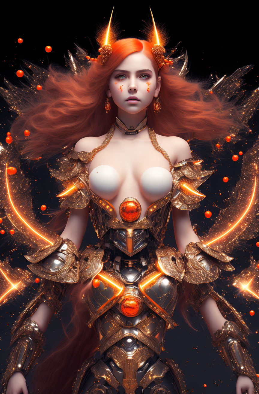 Fantastical female warrior with orange accents and golden armor