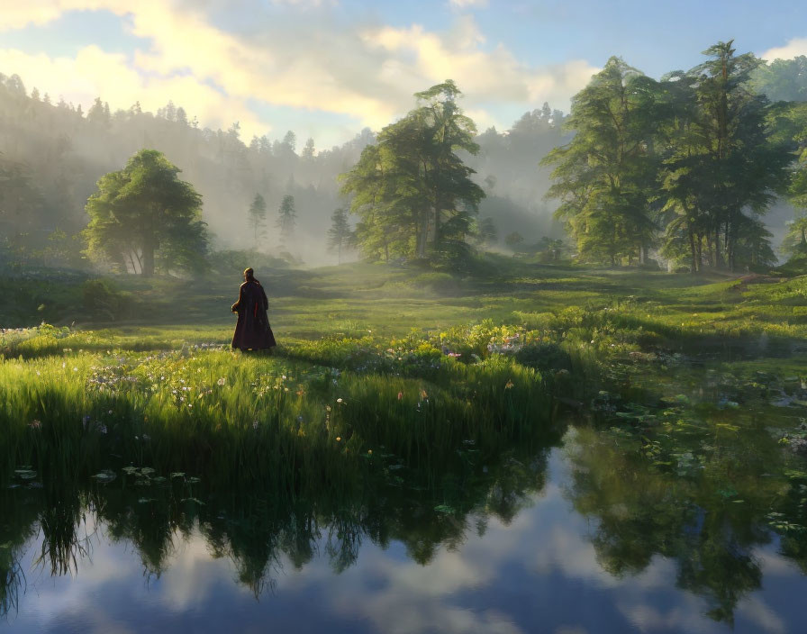 Person in Red Cloak Reflecting by Serene Pond in Misty Forest