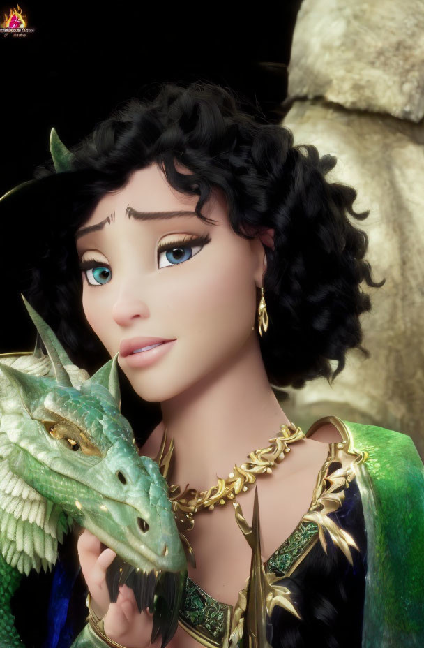 Dark Curly-Haired Female Character with Green Dragon in Green and Gold Outfit